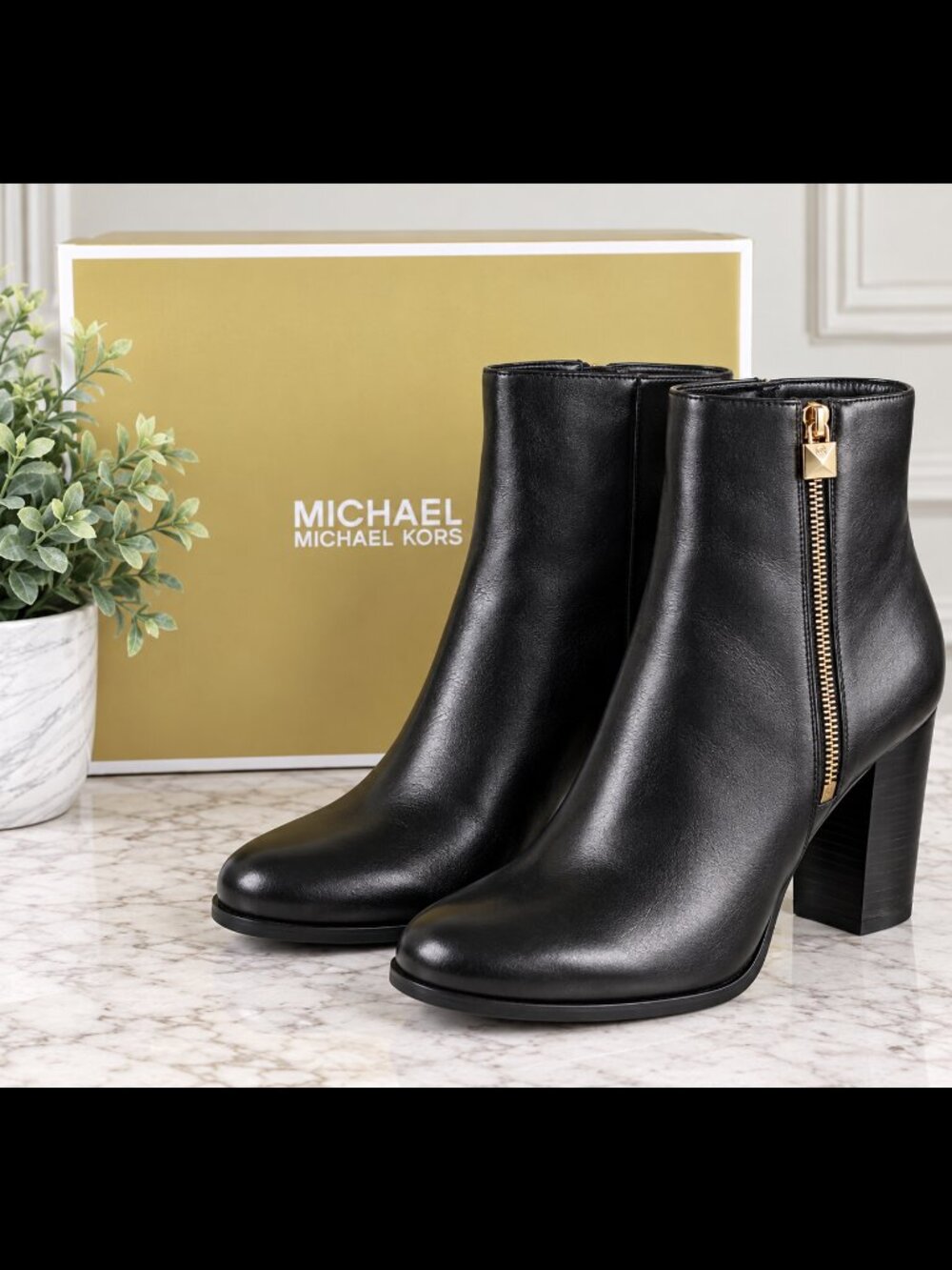 MICHAEL Michael Kors Frenchie Black Leather Ankle Boots Gold Zip Size 10 NWB